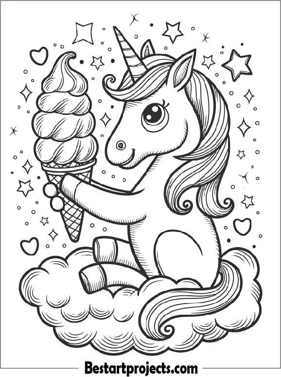 Unicorn Eating Ice Cream Cone Coloring Page