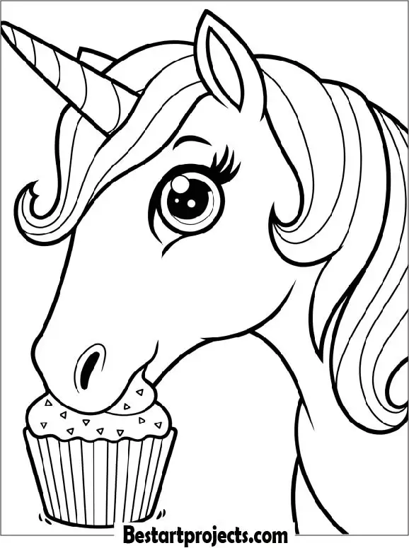 Unicorn Eating a Cupcake Coloring Page