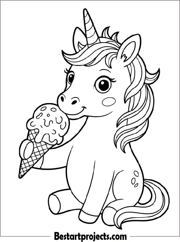 Unicorn Enjoying an Ice cream Coloring Sheet for Kids