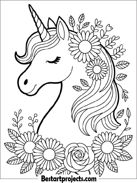 Unicorn Face with Floral Mane Coloring Page