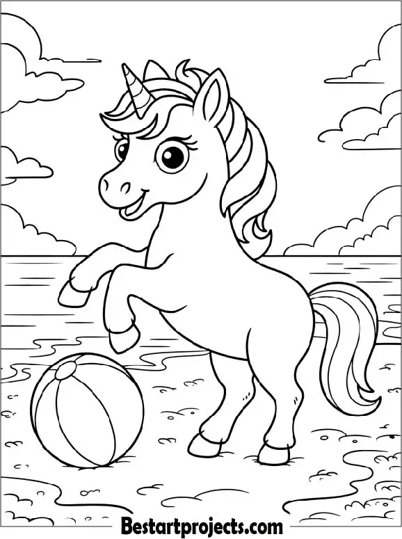 Unicorn Playing with a Ball Coloring Page for Kids