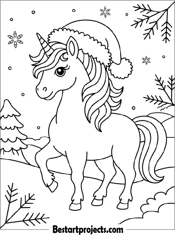 Unicorn With Santa Hat Coloring Page For Preschoolers