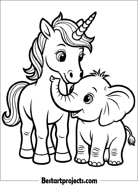 Unicorn and Baby Elephant Coloring Page for Kids