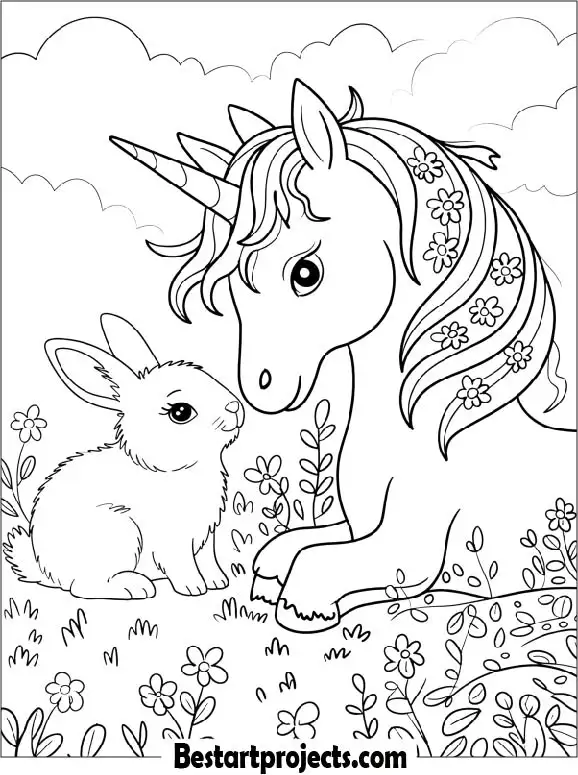 Unicorn and Bunny Friendship Coloring Page