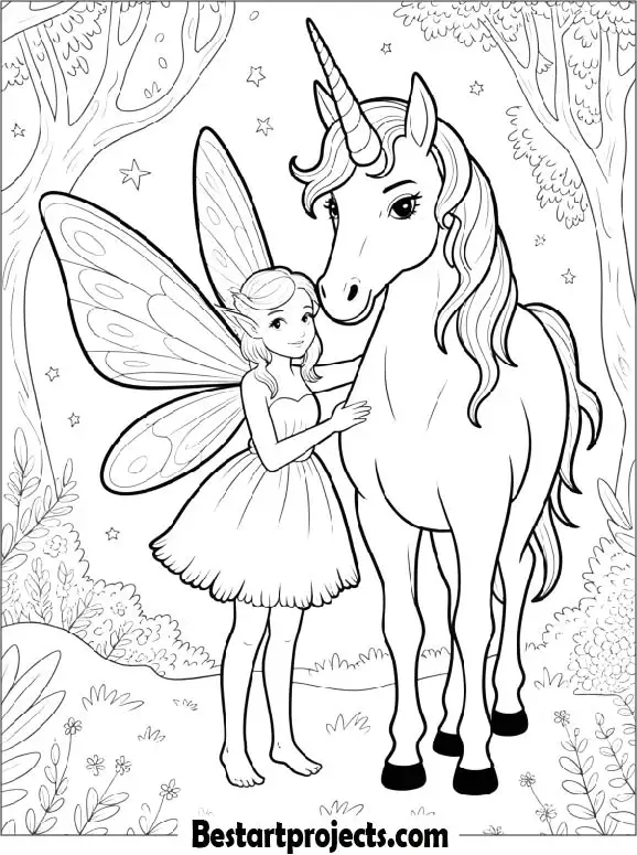 Unicorn and Fairy Coloring Page