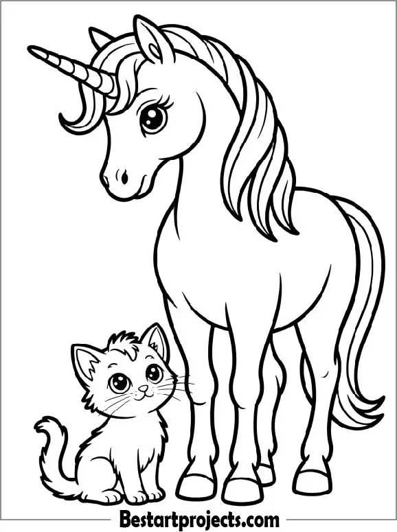 Unicorn and Kitten Coloring Page For Kids