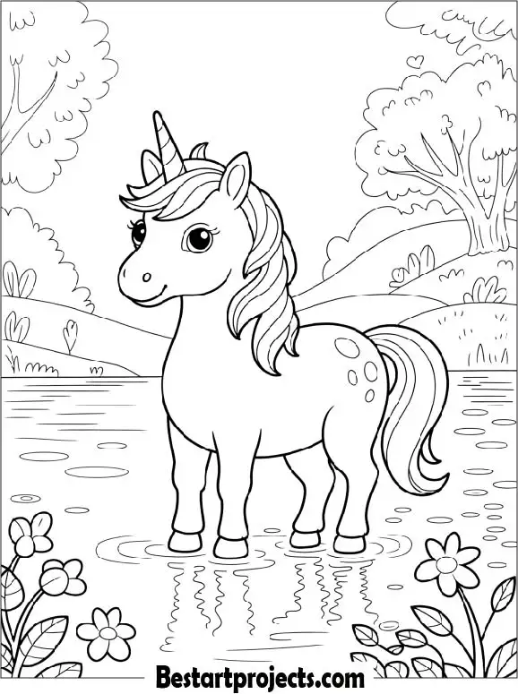 Unicorn by the Lake Coloring Page for Kids