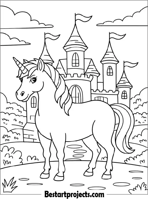 Unicorn in front of a Castle Coloring Page