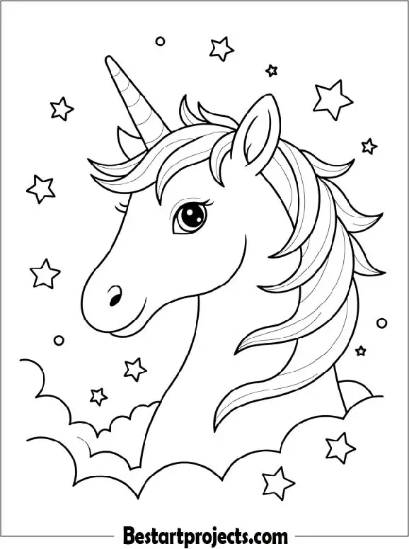Unicorn with Stars Coloring Page For Kids