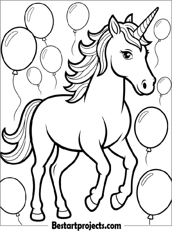 Unicorn with balloons Coloring Sheet
