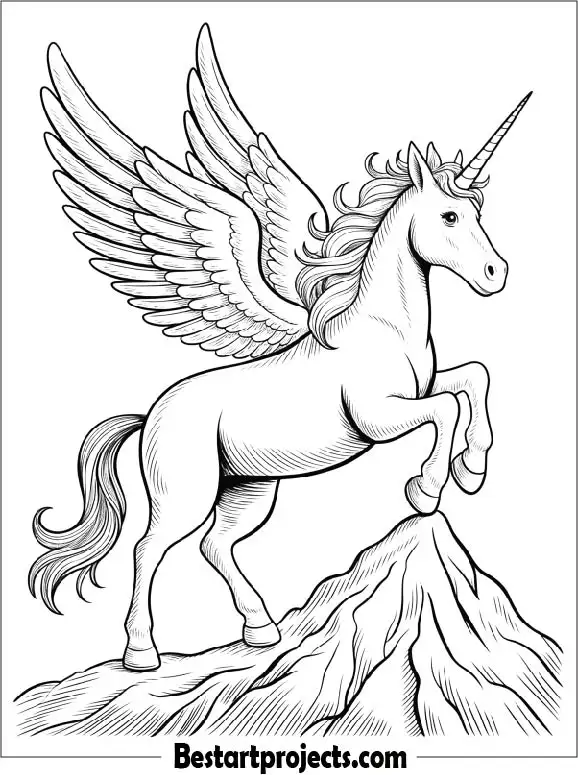 Winged Unicorn Standing on a Mountain Coloring Page