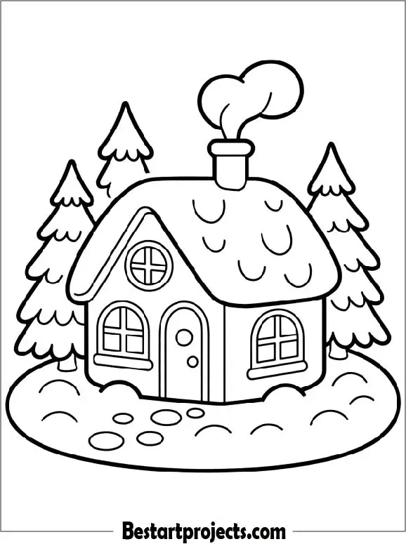Winter Cottage Coloring Page for Kids