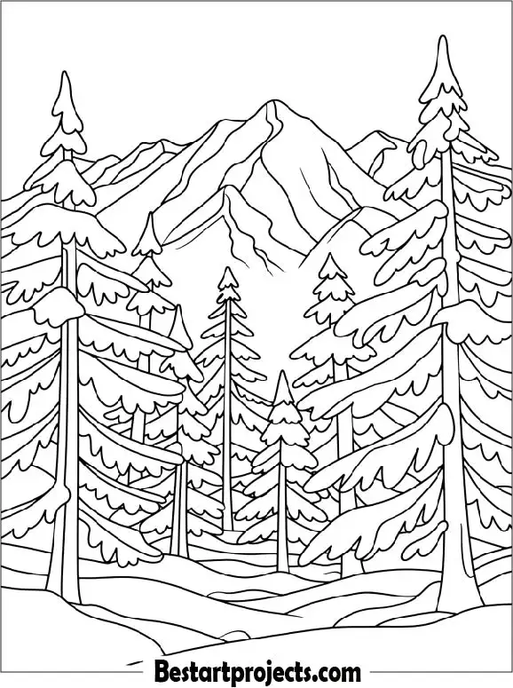Winter Forest Covered in Snow Coloring Sheet