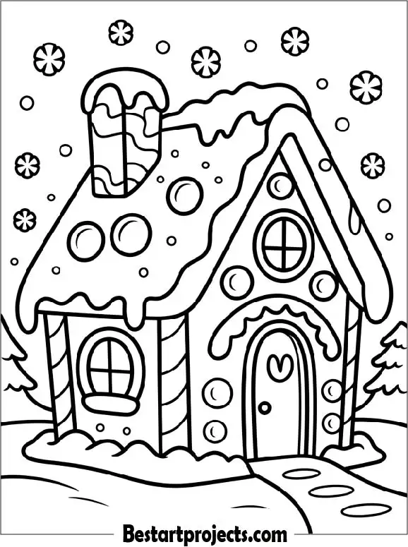 Winter Gingerbread House With Snow Coloring Sheet