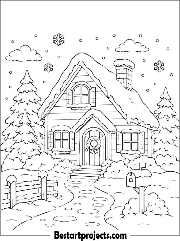 Winter House Coloring Page