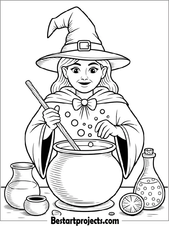 Witch Brewing Magic Potion Coloring Sheet