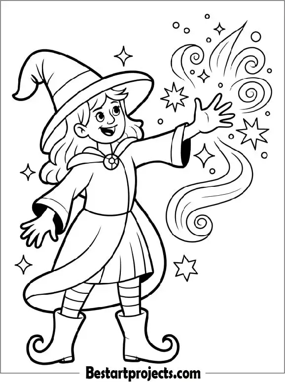 Witch Casting a Sparkling Spell Coloring Sheet