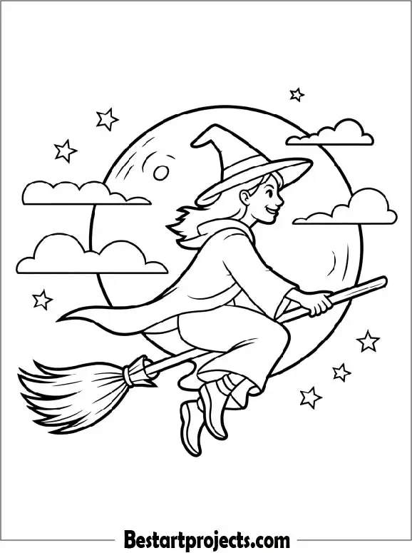 Witch Flying Across the Full Moon Coloring Page