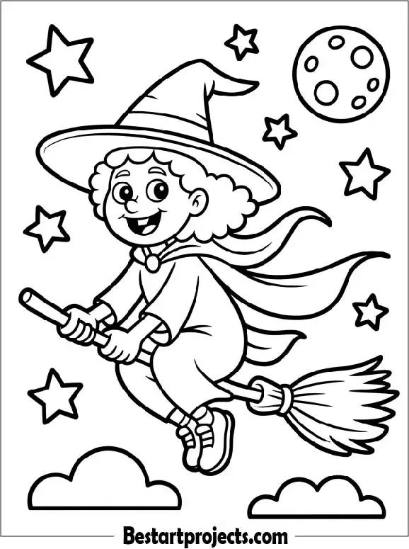Witch Flying on a Broomstick Coloring Page
