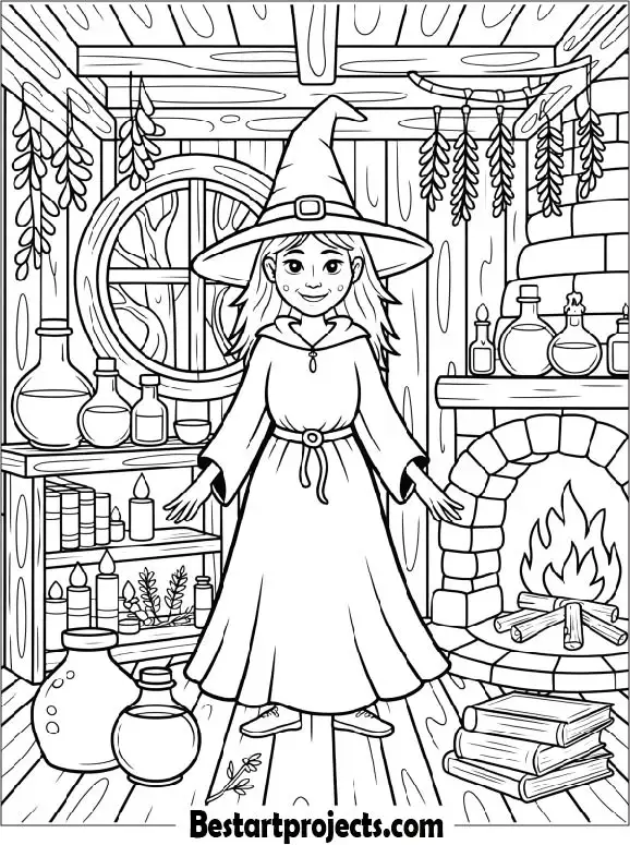 Witch Inside a Magical Forest Cottage Coloring Page
