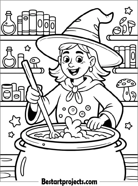 Witch Mixing Potions in a Cauldron Coloring Sheet