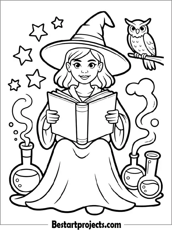 Witch Reading a Magic Spell Book Coloring Page