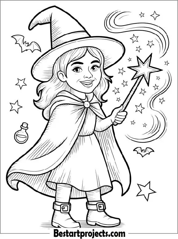 Witch With a Magic Wand Coloring Sheet