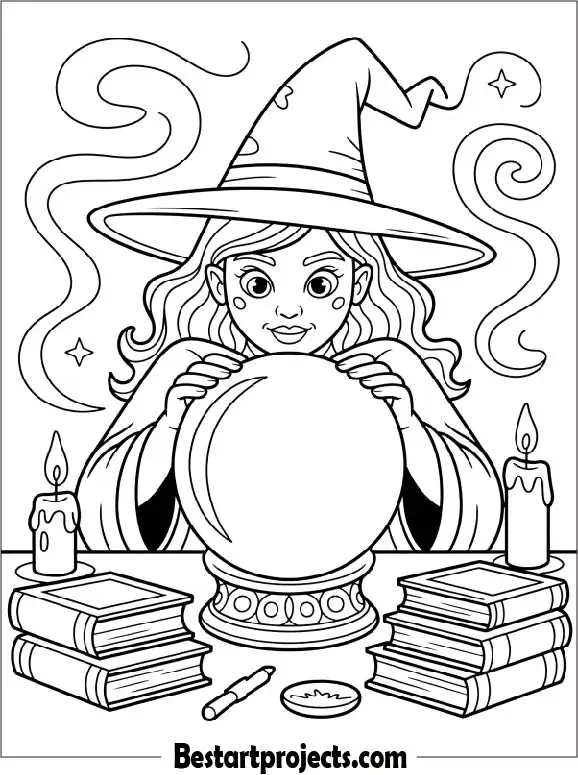 Witch with Magical Crystal Ball Coloring Page